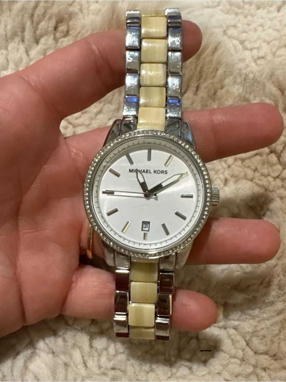Michael Kors Silver and Cream-Tone Crystal Bezel  Watch